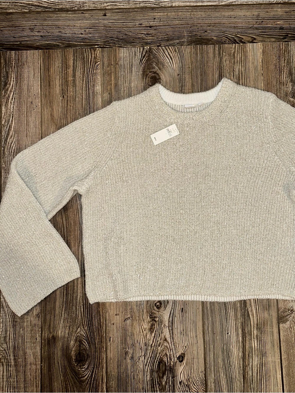 Gap Cropped Metallic Crewneck Sweater in Light Gray Silver Cozy Boho Large